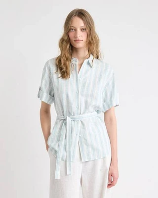 Blouse en Mélange de Lin à Manches Courtes avec Ceinture Amovible