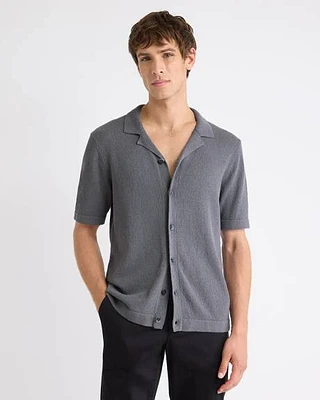Short-Sleeve Buttoned-Down Sweater with Camp Collar