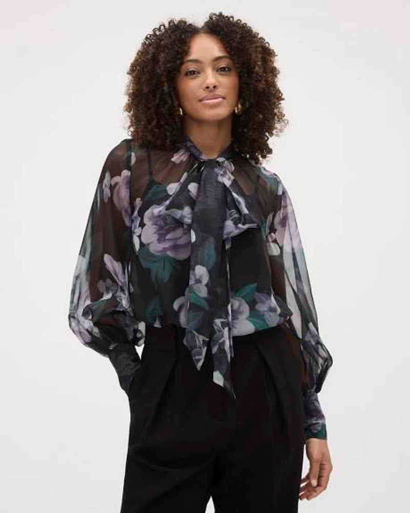 Long-Puffy-Sleeve Mock-Neck Blouse with Ribbon at Neckline