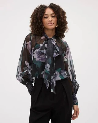 Long-Puffy-Sleeve Mock-Neck Blouse with Ribbon at Neckline