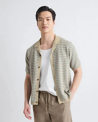 Striped Short-Sleeve Buttoned-Down Sweater with Camp Collar