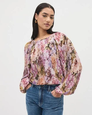 Long-Sleeve Pleated Popover Blouse with Floral Pattern