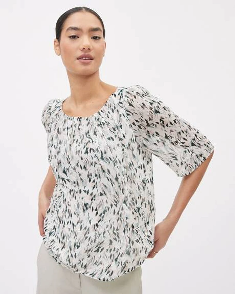 Short-Sleeve Boat-Neck Popover Blouse