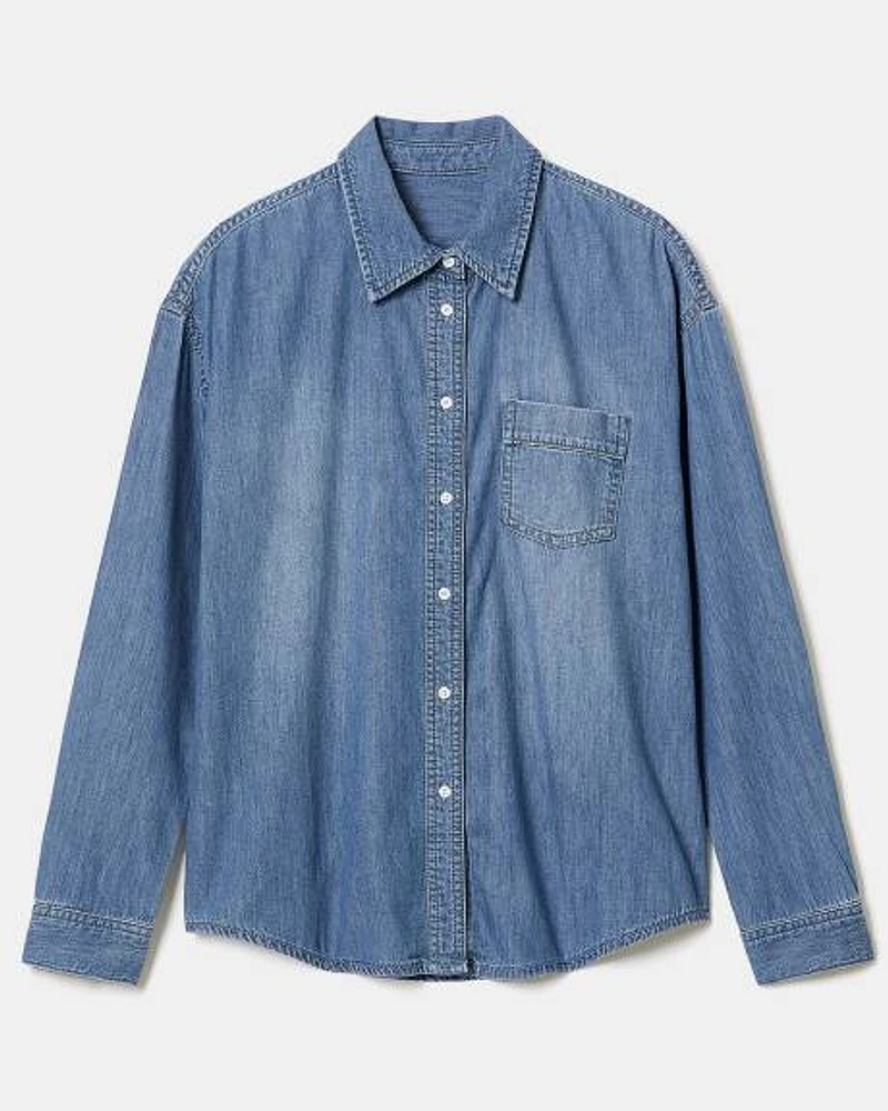 Denim Buttoned-Down Blouse with Embroidered Details