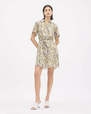 Short-Sleeve Buttoned-Down Chiffon Dress with Shirt Collar