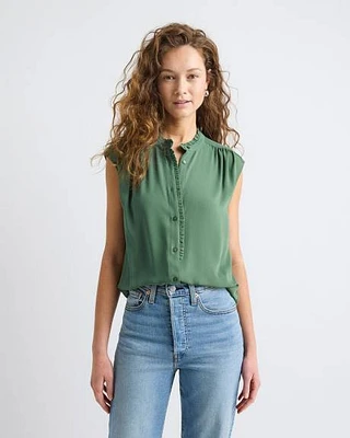Blouse Boutonnée Sans Manches à Col Montant avec Garniture Volants