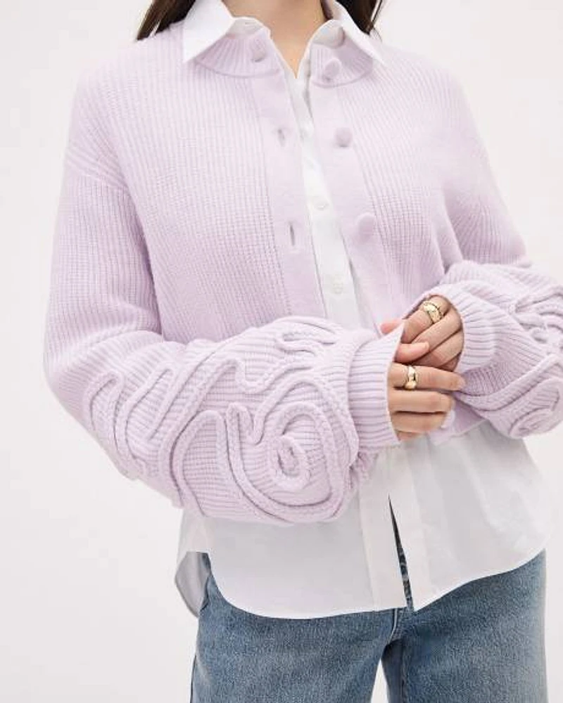 Long-Sleeve Crew-Neck Cardigan with Flower Appliqués