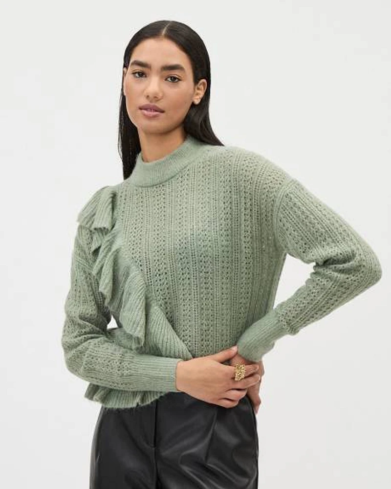 Long-Sleeve Crew-Neck Sweater with Ruffles at Front