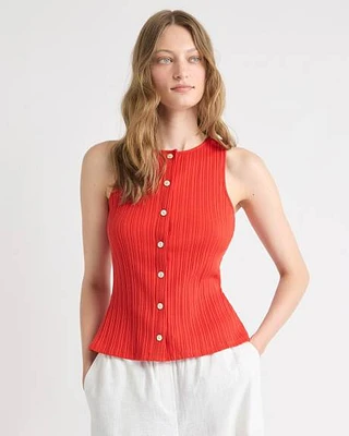Sleeveless Crew-Neck Ribbed Buttoned-Down Top