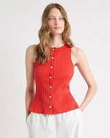Sleeveless Crew-Neck Ribbed Buttoned-Down Top