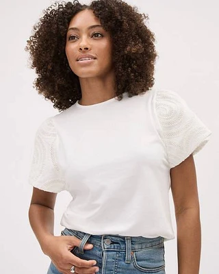 Short-Sleeve Crew-Neck Top with Crochet Details