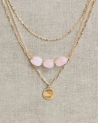 Short Triple-Chain Necklace with Quartz and Disc Pendant