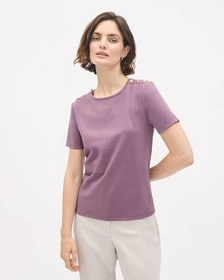 Short-Sleeve Crew-Neck Top with Buttons on Shoulder