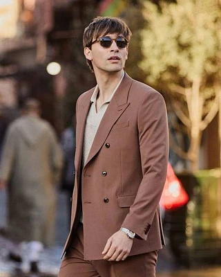 Tailored-Fit Double-Breasted Terracotta Suit Blazer