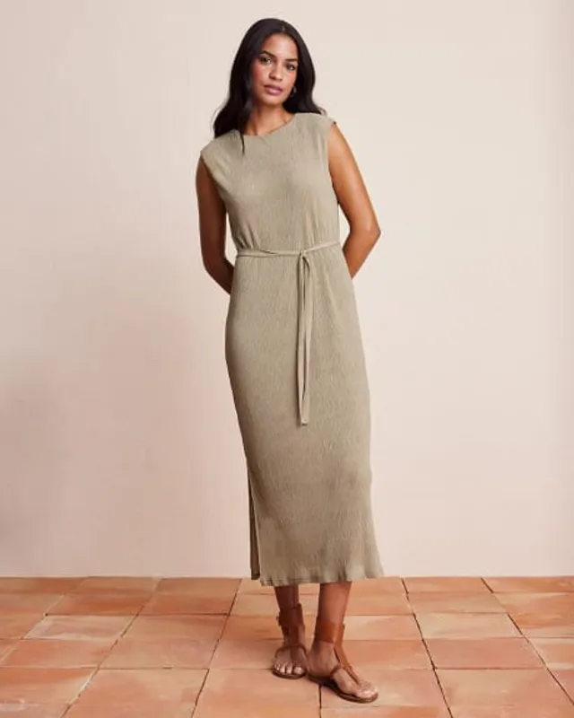 RW&CO Linen Blend Smocked Short Sleeve Midi Dress - Thyme Maternity
