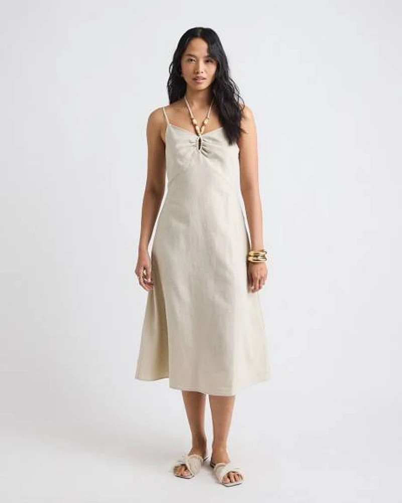 Robe Midi Sans Manches à Col Licou en Mélange de Lin