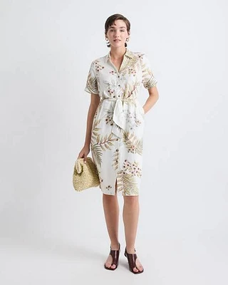 Short-Sleeve Linen-Blend Dress with Shirt Collar