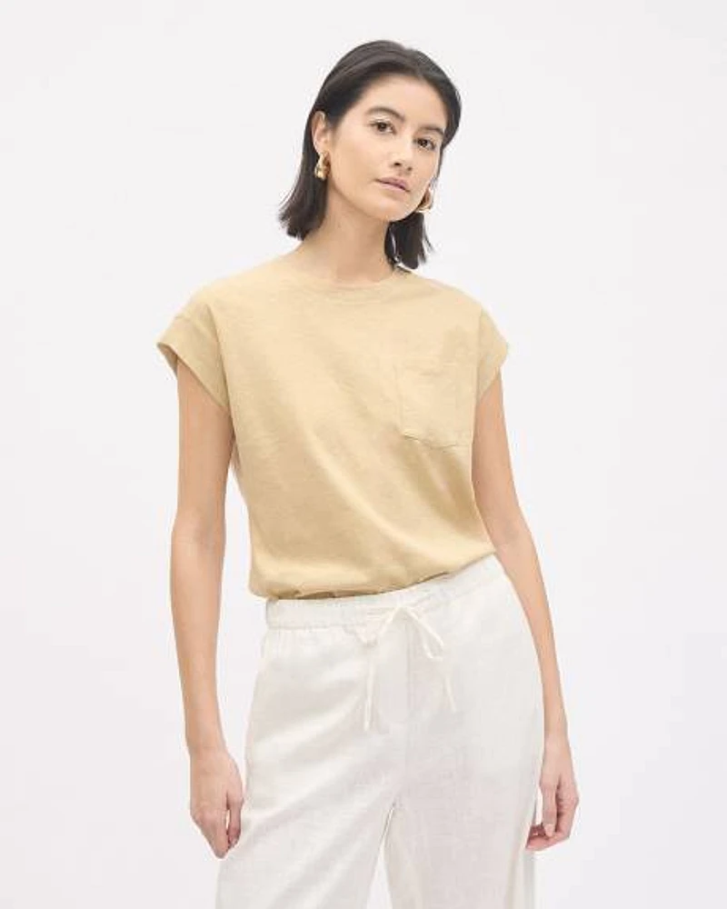Extended-Sleeve Crew-Neck Linen-Blend Top