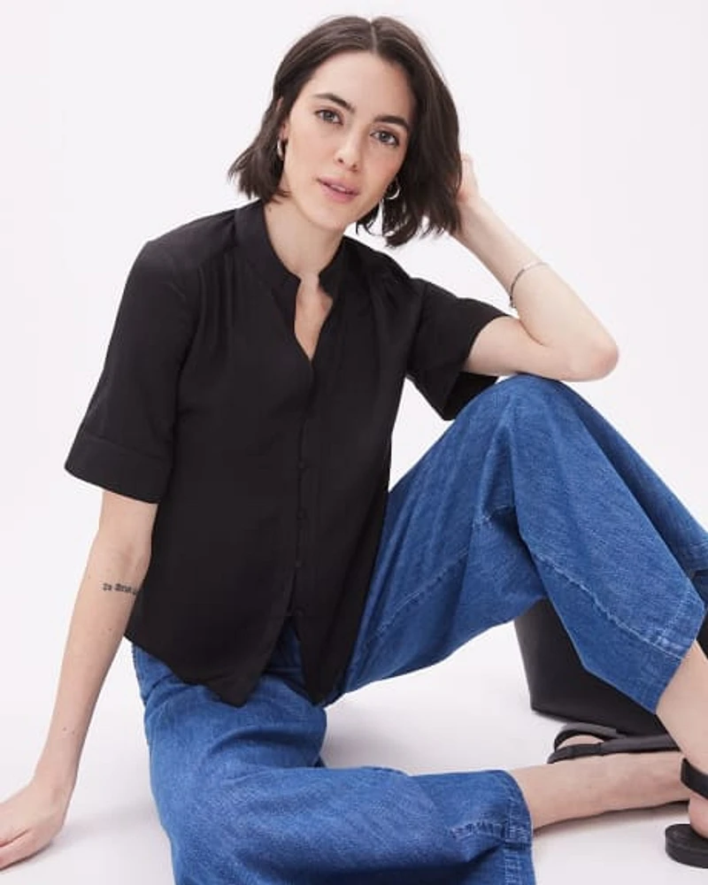 Short-Sleeve Buttoned-Down Satin Blouse