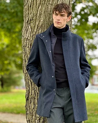 Classic Indigo Mock-Neck Wool Coat with Dickey