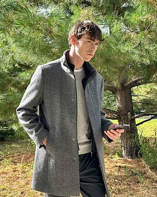 Classic Herringbone Mock-Neck Wool Coat with Dickey