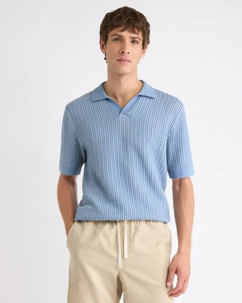 Short-Sleeve Johnny Sweater with Two-Tone Vertical Stitches