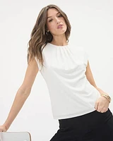 White Crew-Neck Crepe Tee with Front Pleats