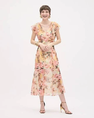 Robe Midi Ajustée Sans Manches à Motif Floral