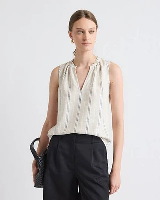 Blouse Rayée en Mélange de Lin Sans Manches à Col V