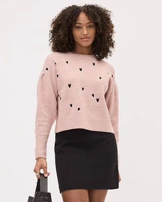 Long-Sleeve Crew-Neck Pullover with Heart Embroideries