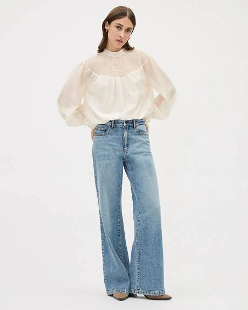 Long-Sleeve Mock-Neck Blouse with Textured Yoke