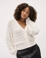 Long-Sleeve V-Neck Cardigan with Pointelle Stitches