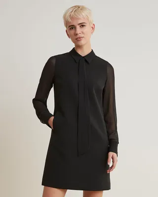 Long-Sleeve Straight Dress with Shirt Collar
