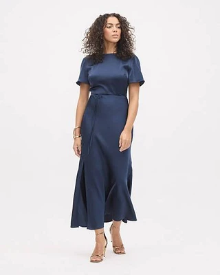 Satin Short-Sleeve Fitted Midi Dress