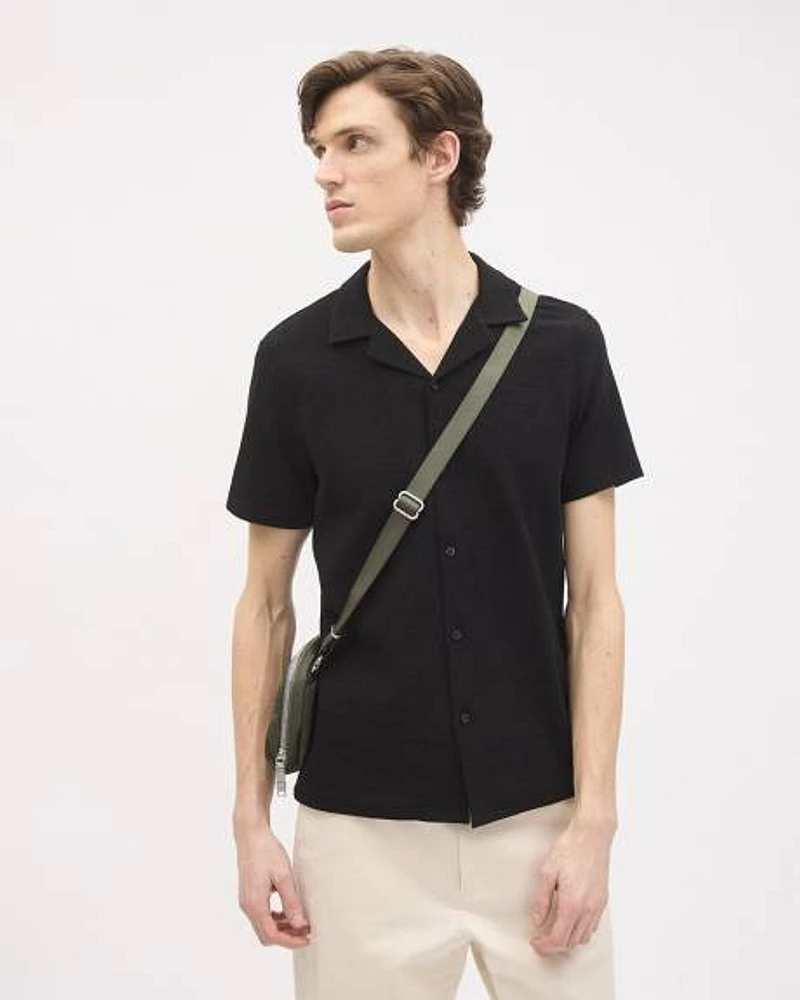 White Slim-Fit Short-Sleeve Knit Shirt with Camp Collar