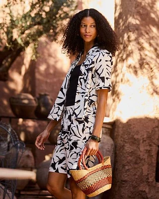 Blouse en Mélange de Lin à Manches Courtes et Col Chemisier