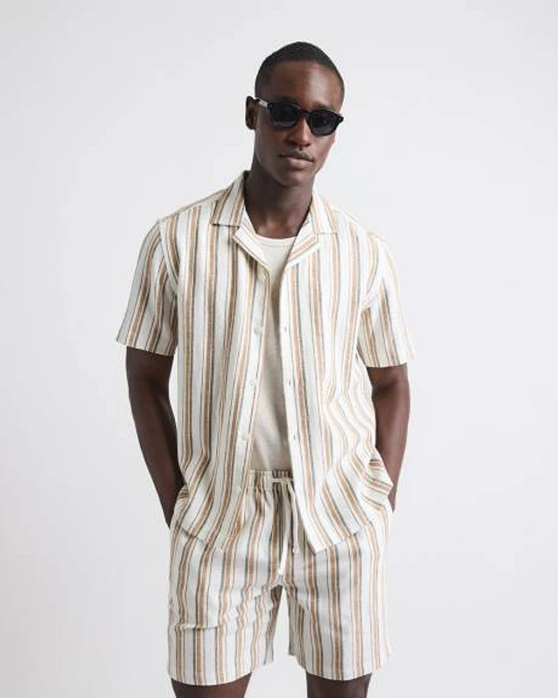 Short-Sleeve Striped Linen-Blend Shirt with Camp Collar