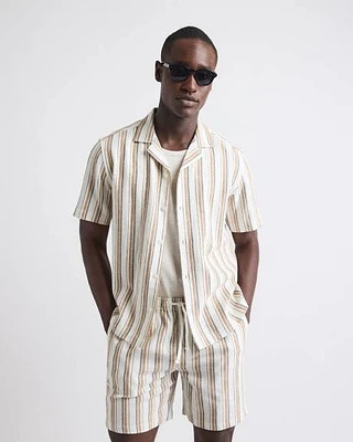 Short-Sleeve Striped Linen-Blend Shirt with Camp Collar