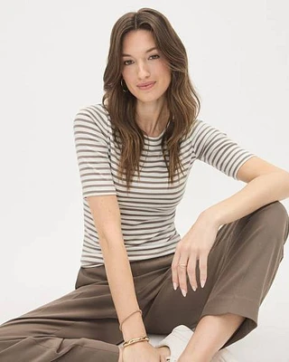 Striped Elbow-Sleeve Crew-Neck Fitted Tee