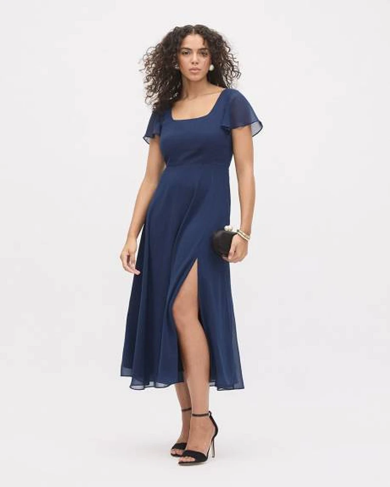 Short-Sleeve Midi Cocktail Dress with Square Neckline