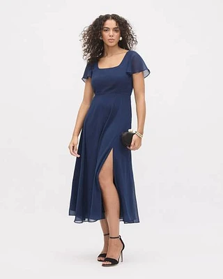 Short-Sleeve Midi Cocktail Dress with Square Neckline