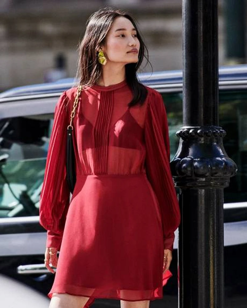 Long-Puffy-Sleeve Crew-Neck Chiffon Dress