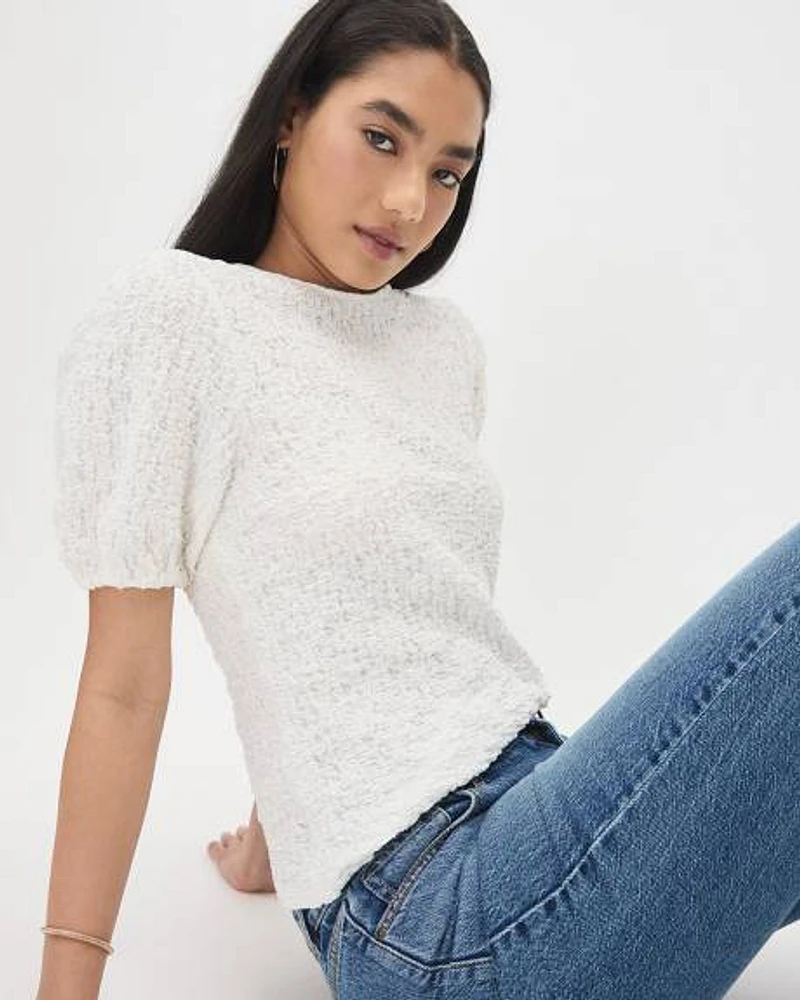 Crew-Neck Textured Top with Short Puffy Sleeves