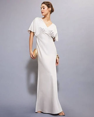 Short-Sleeve Satin Maxi Cocktail Dress