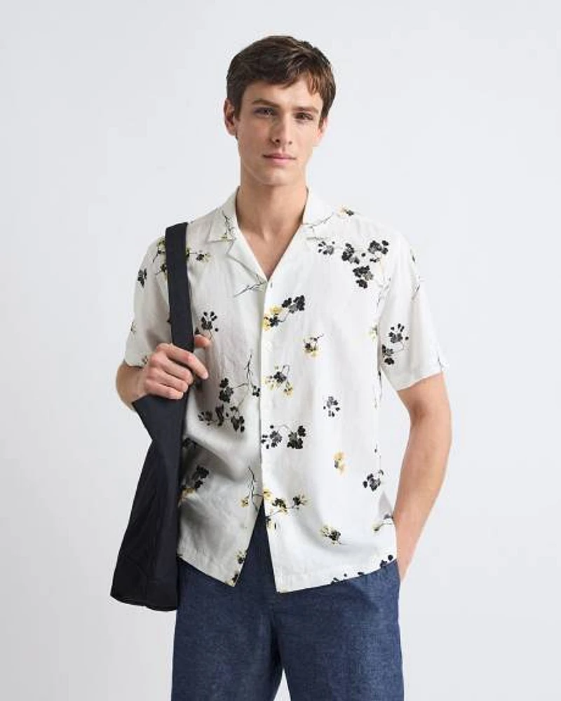 Short-Sleeve Camp-Collar Cropped Shirt with Floral Print