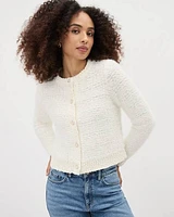 Long-Sleeve Feather-Yarn Short Cardigan