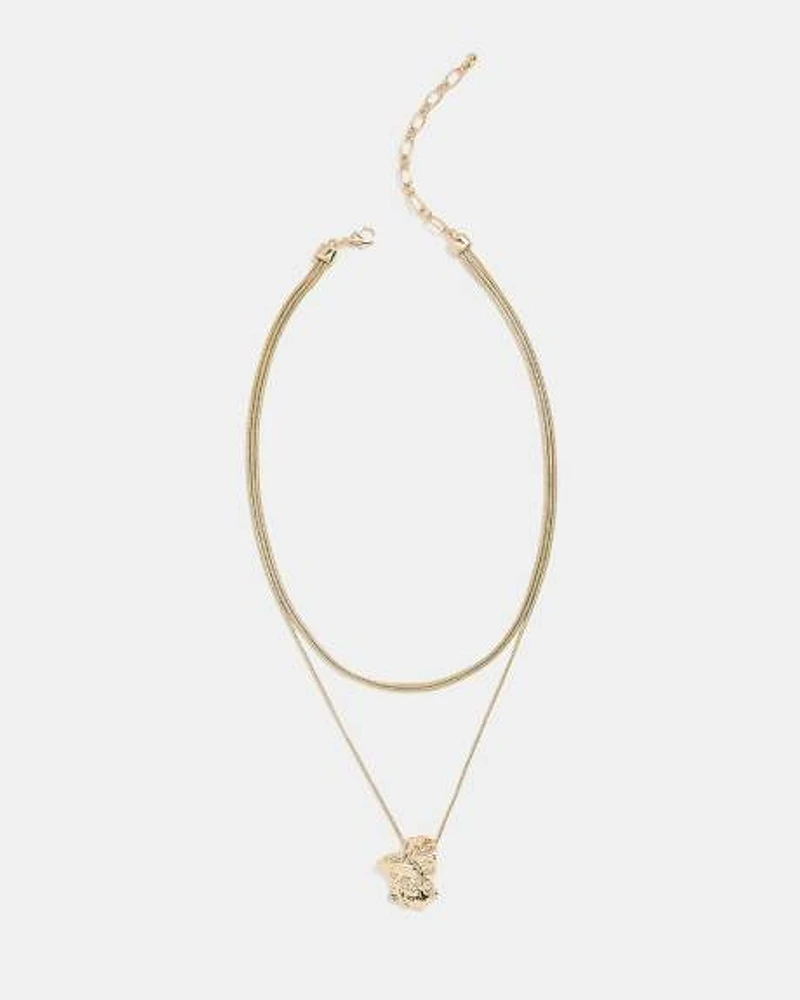 Triple-Chain Short Necklace with Organic Metal Pendant