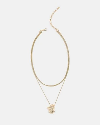 Triple-Chain Short Necklace with Organic Metal Pendant