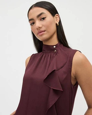 Sleeveless Mock-Neck Mix-Media Blouse with Ruffles