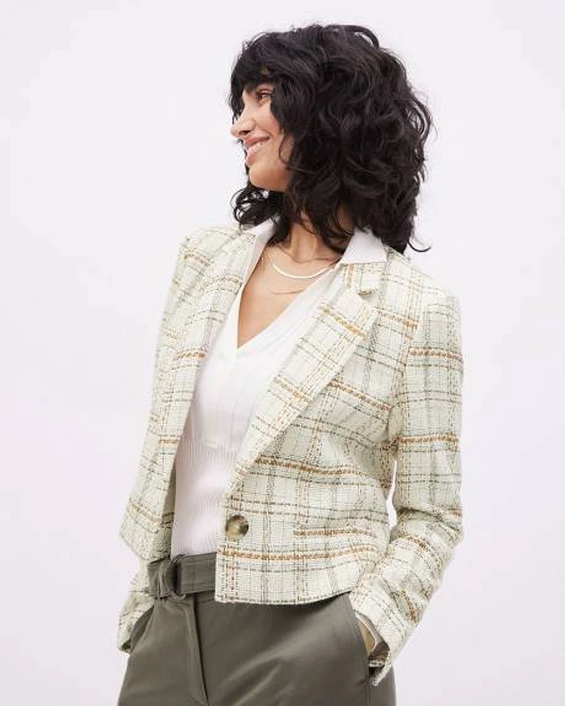 Plaid Tweed Long-Sleeve Cropped Blazer